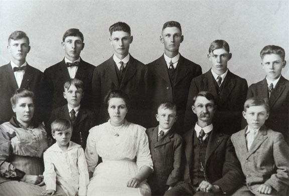 The Ernest Holcombe Family of Green Co., WI
Front row: Rose, Leon, Ernest Jr., Etta, Marvin, Ernest, Arthur
Back row: Ira, Robert, Harold, Fred, Clarence, James