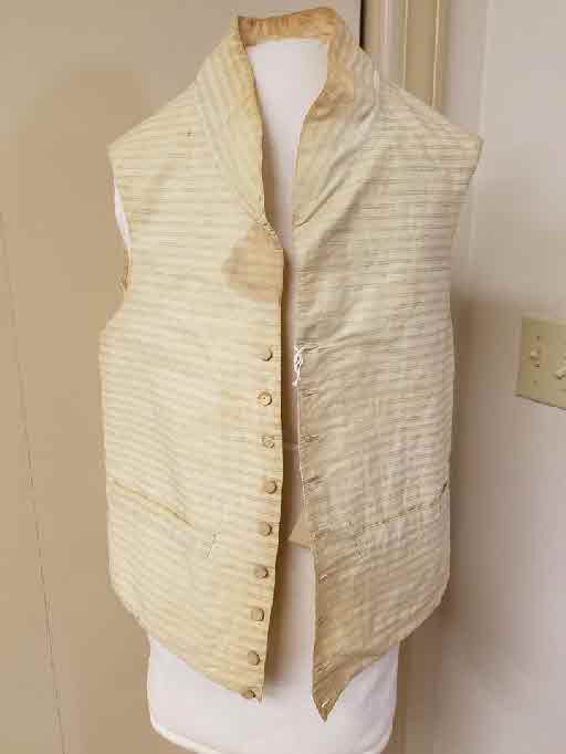 Elihu's weddiing waistcoat of lightweight linen with a pale blue and ivory striped show fabric.
Courtesy of the Windsor Historical Society, Windsor, CT
Old Documents Project Collection